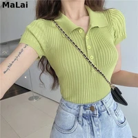 lolita woman tshirts polo lapel single breasted knitted short sleeved t shirt womens top summer crop top mujer camisetas