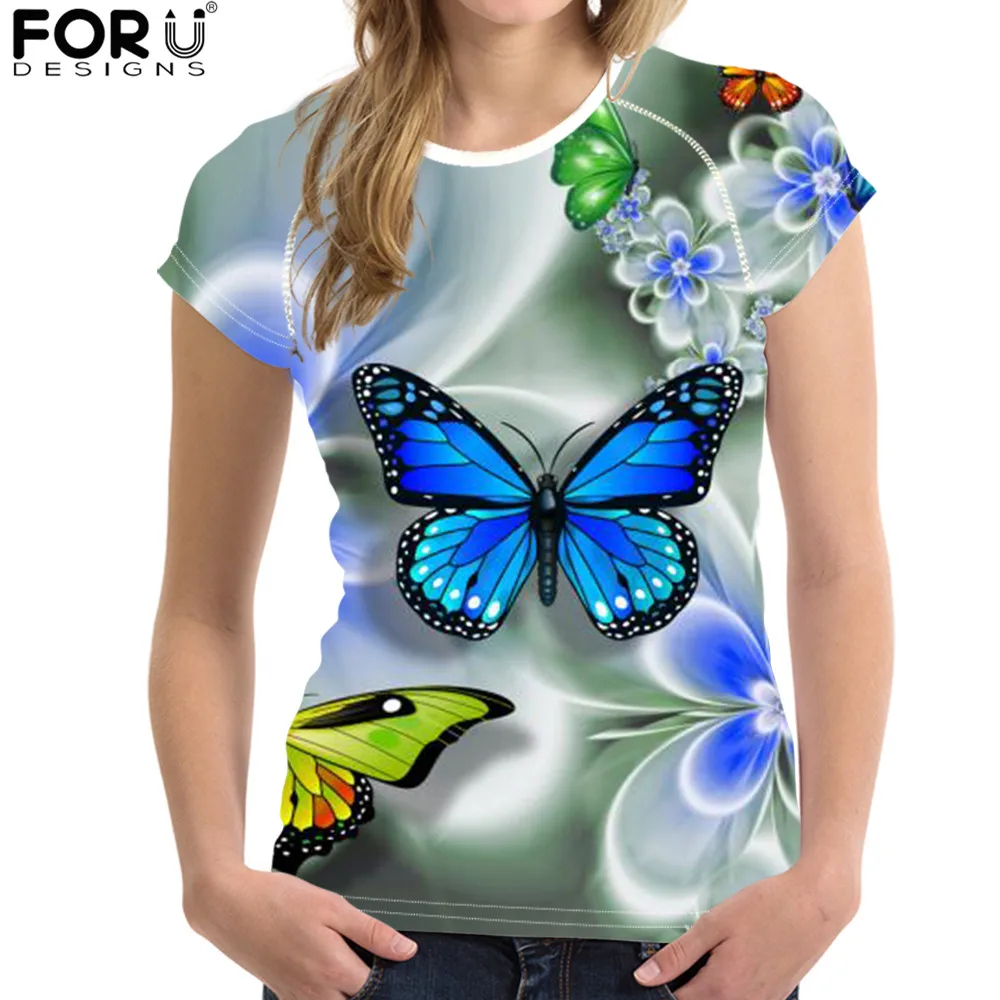

FORUDESIGNS Women Shirt Ladies Casual Summer Short Sleeve Round Neck Fitness Tops Butterfly Design Breathable Soft Clothes