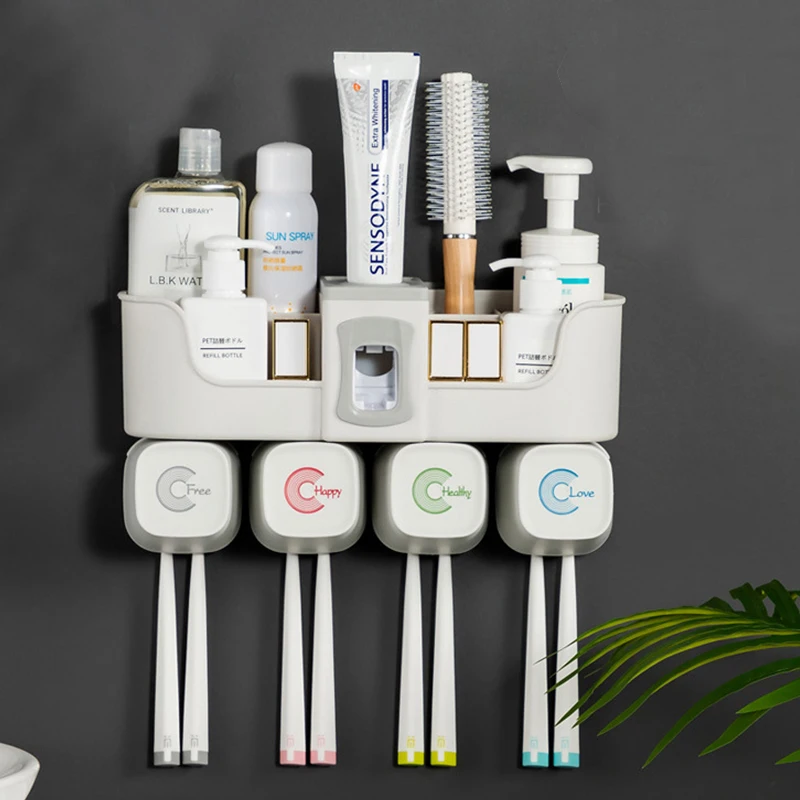 

Toothbrush Holder, Toothpaste Squeezing Device with Mouthwash Cup, Bathroom Shelf, Toilet Utensils, Punch-free Storage Rack