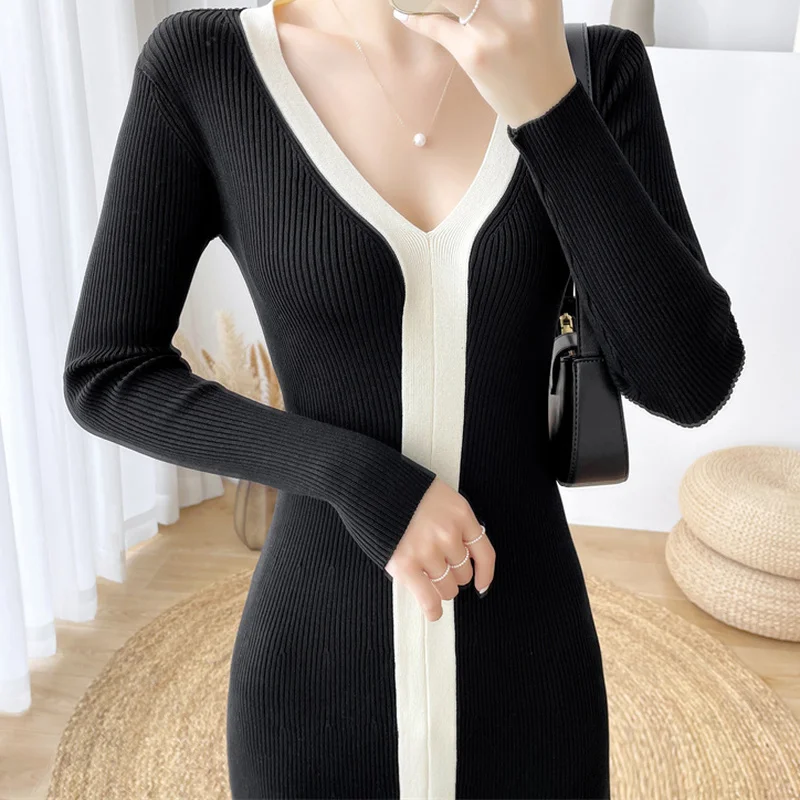 Женское Трикотажное Шерстяное Платье макси Элегантное черно-белое контрастное