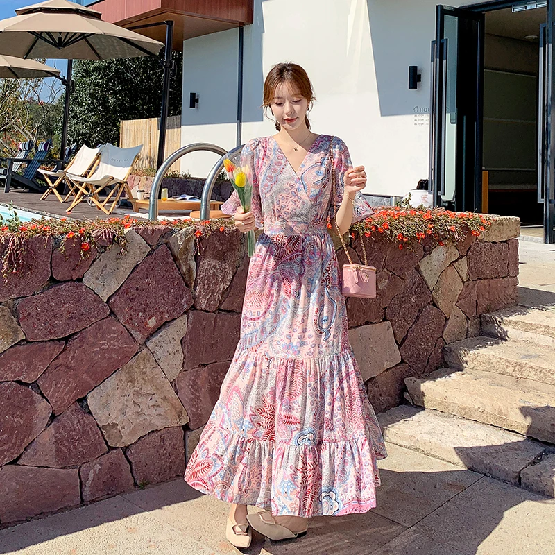 

Will dress the new summer wind restoring ancient ways collect waist show thin temperament floral v-neck chiffon dress