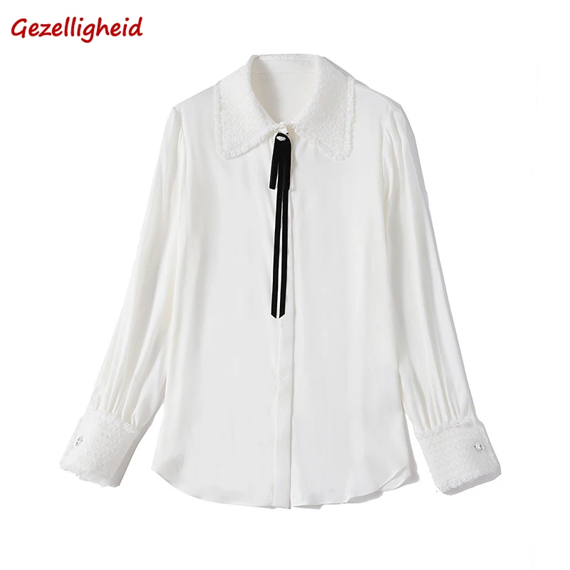 

Gezelligheid Blouse Women Casual 2021 Spring Summer Fashion Temperament Turn Dowm Coller Long Sleeve 100% Natural Silk White Top