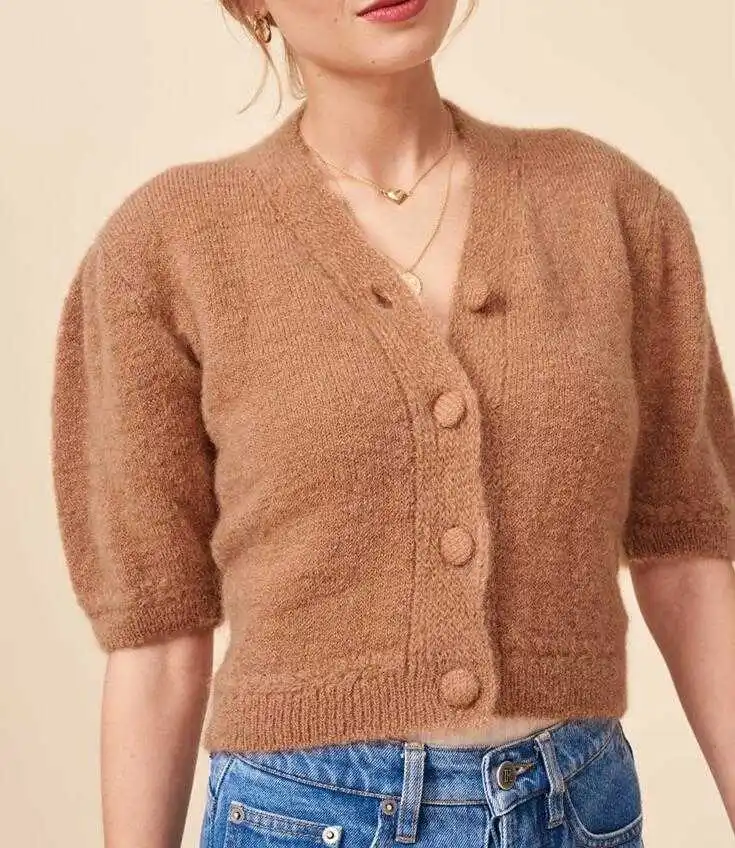 

Short Mohair Wool Blend Knitwear V-neck Short Puff sLEEVED Front BUTTONED Spring Summer SWEATER