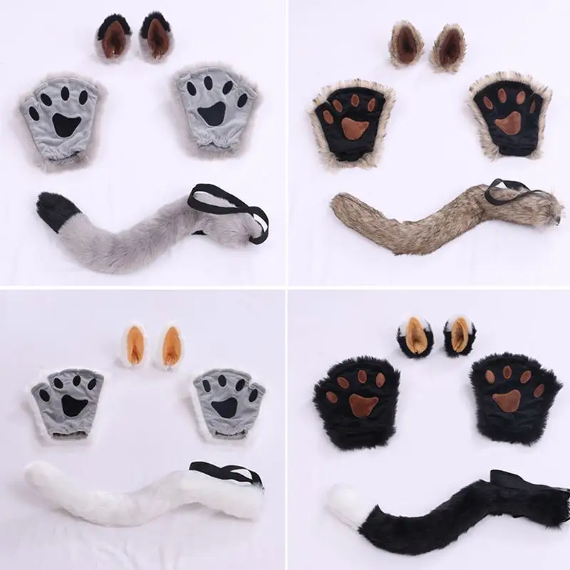 Взрослые Дети Пушистый Плюшевый волк кошачьи уши заколка для волос хвост