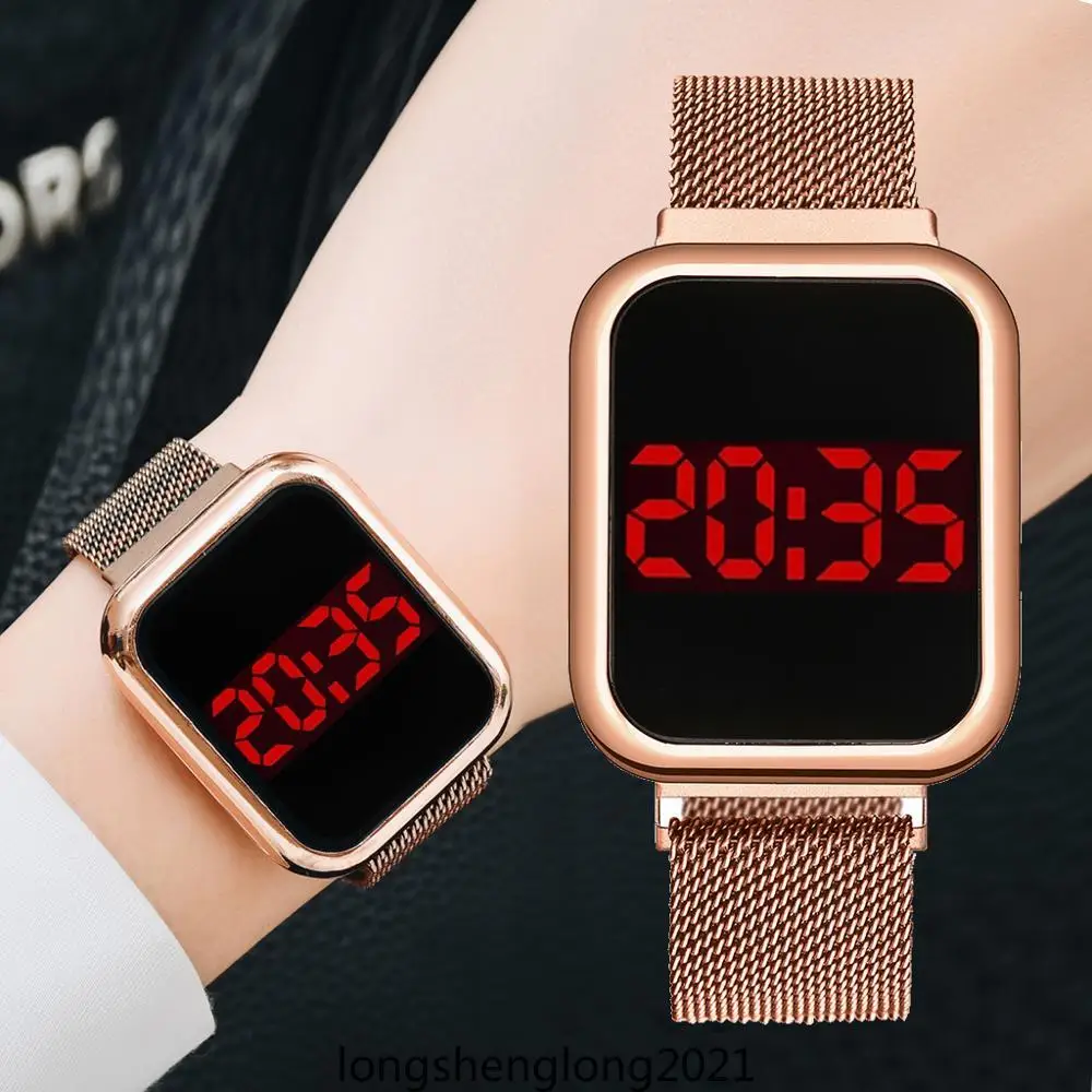 

Luxury Digital Magnet Watches For Women Rose Gold Stainless Steel Dress LED Quartz Watch Female Clock