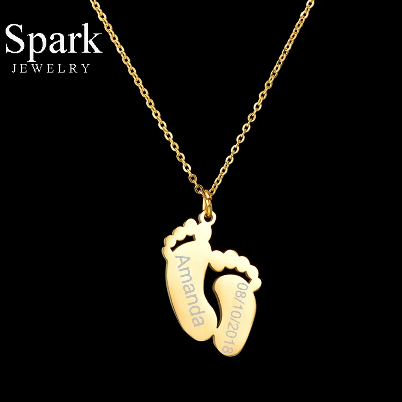 Spark на заказ с гравировкой имя дата детские ножки кулон ожерелье милая