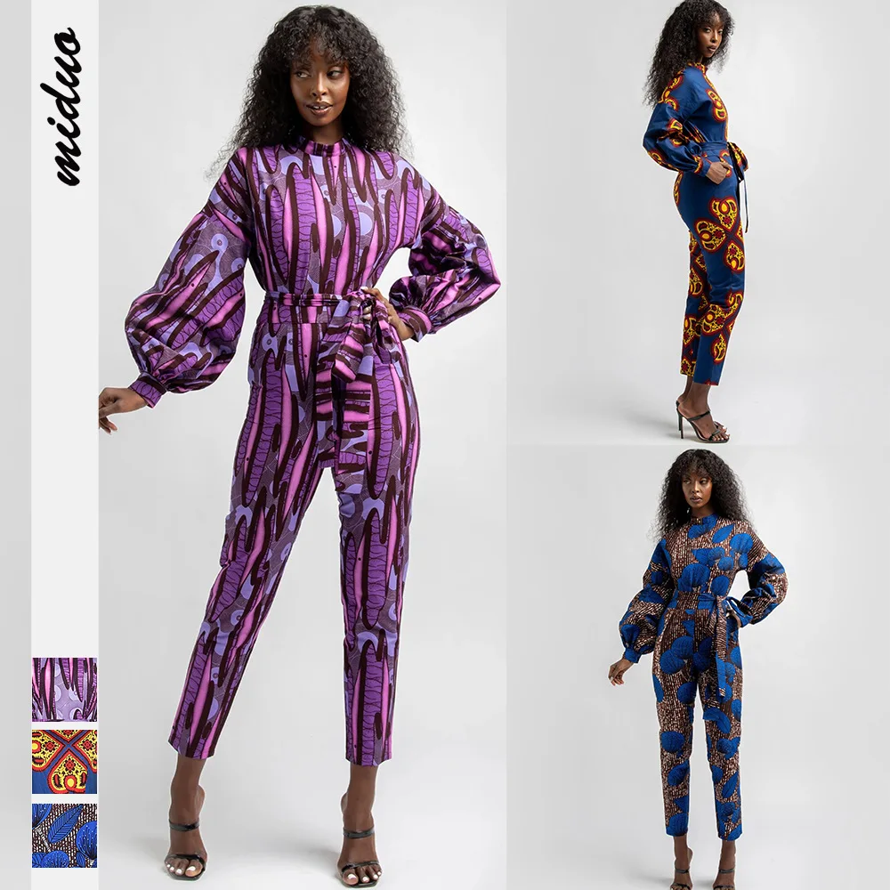 

Autumn Long Lantern Sleeve African Dashiki Print Bandage High Waist Pant Jumpsuits Women Fashion Casual Romper Kanga Clothing