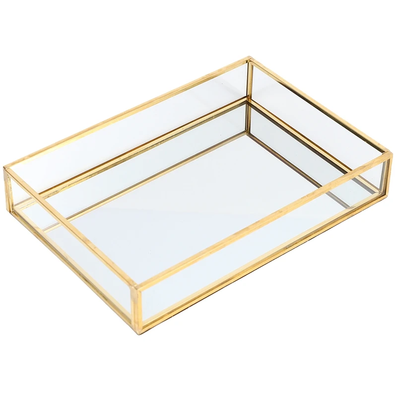 

Nordic Retro Storage Tray Gold Rectangle Glass Makeup Organizer Tray Dessert Plate Jewelry Display Home Kitchen Decor