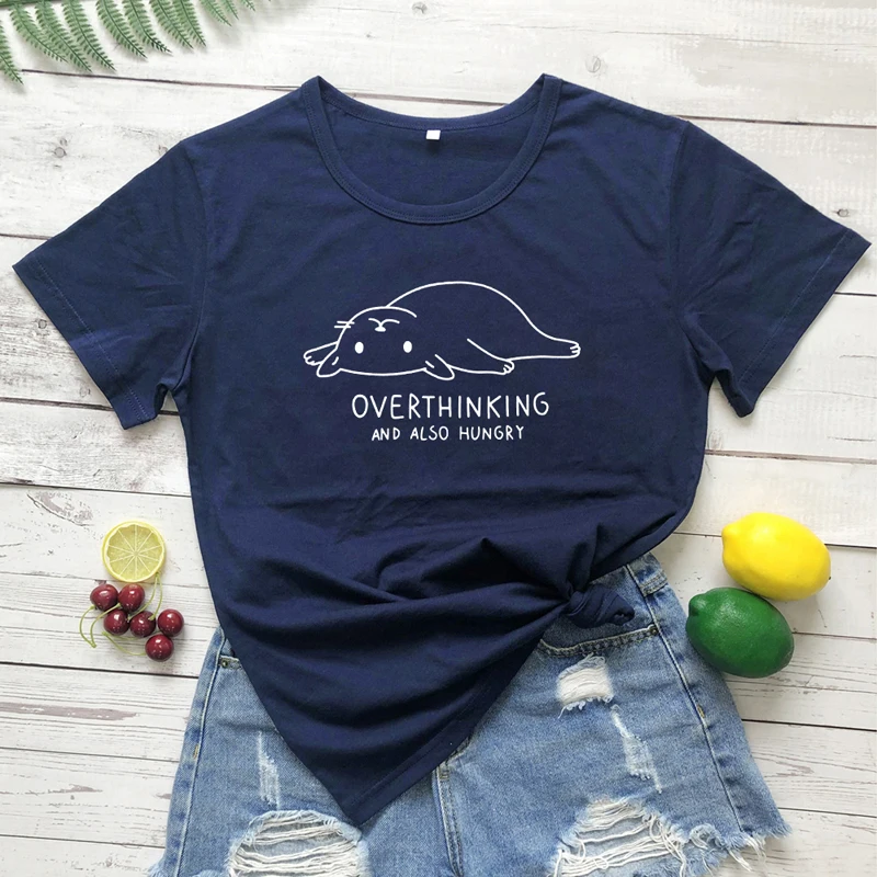 navy blue-white text Overthinking и также голод принт с милой кошкой Футболка женская Tumblr с графикой для хипстеров повседневные футболки топы летние Harajuku Забавные футболки - Цвет: navy blue-white text