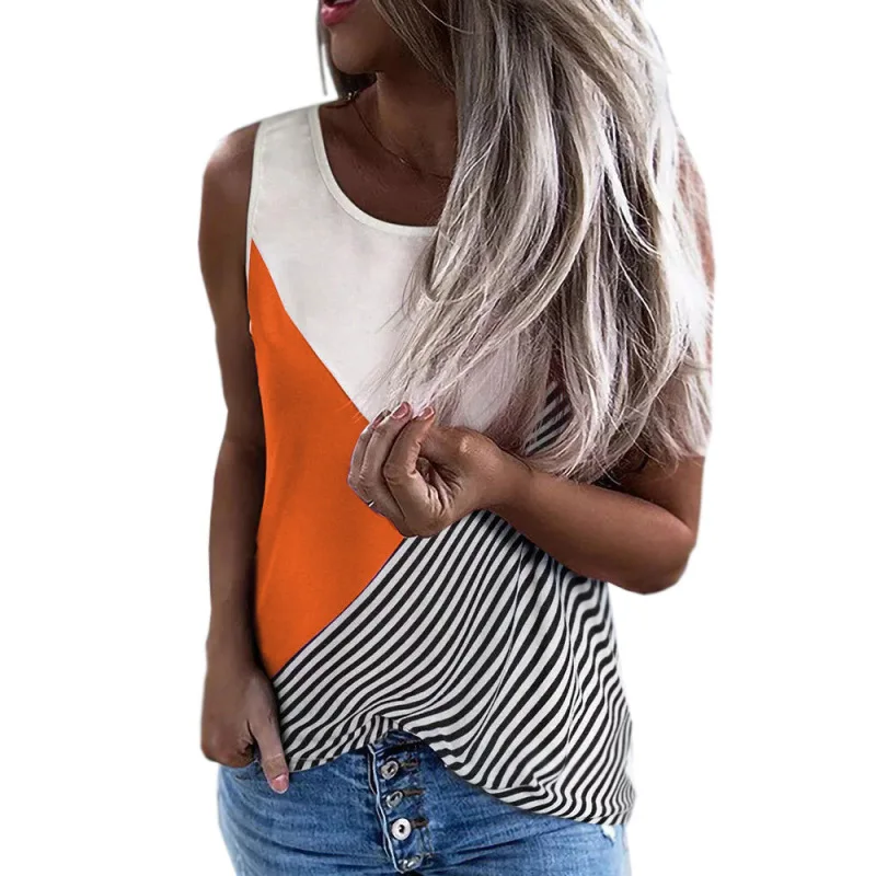 

2021 Women Tank Top New Fashion Tee Shirts Round Neck Contrast Striped Print Blouse Loose Vest Sleeveless Ladies Summer T Shirh