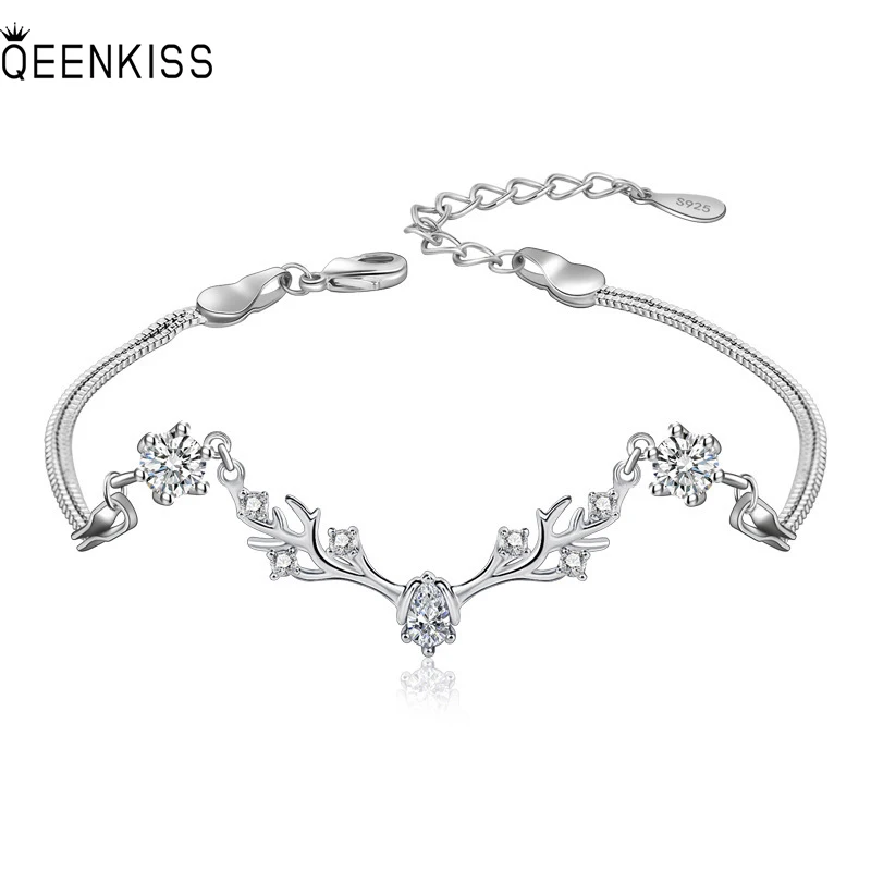 

QUEENKISS BT6124 Fine Jewelry Wholesale Fashion Couples Birthday Wedding Gift Deer AAA Zircon 18KT White Gold Pendant Bracelet