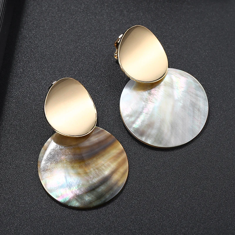 New Design Golden Natural Round Shell Non Pierced Clip on Earrings Ear Clips for Women Bijoux Brincos Party Gift jewellry