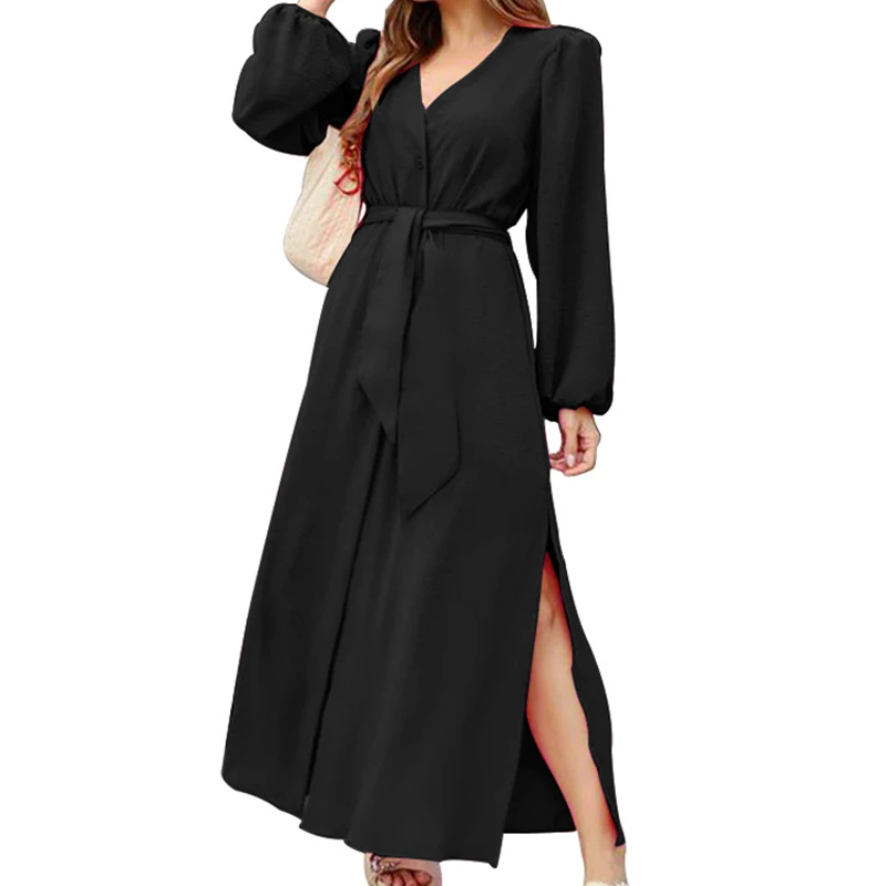 

Women V Neck Solid Autumn Long Dress Holiday Split Sashes Long Sleeve Button Casual Maxi Dress Spring Black Vestidos Fashion New