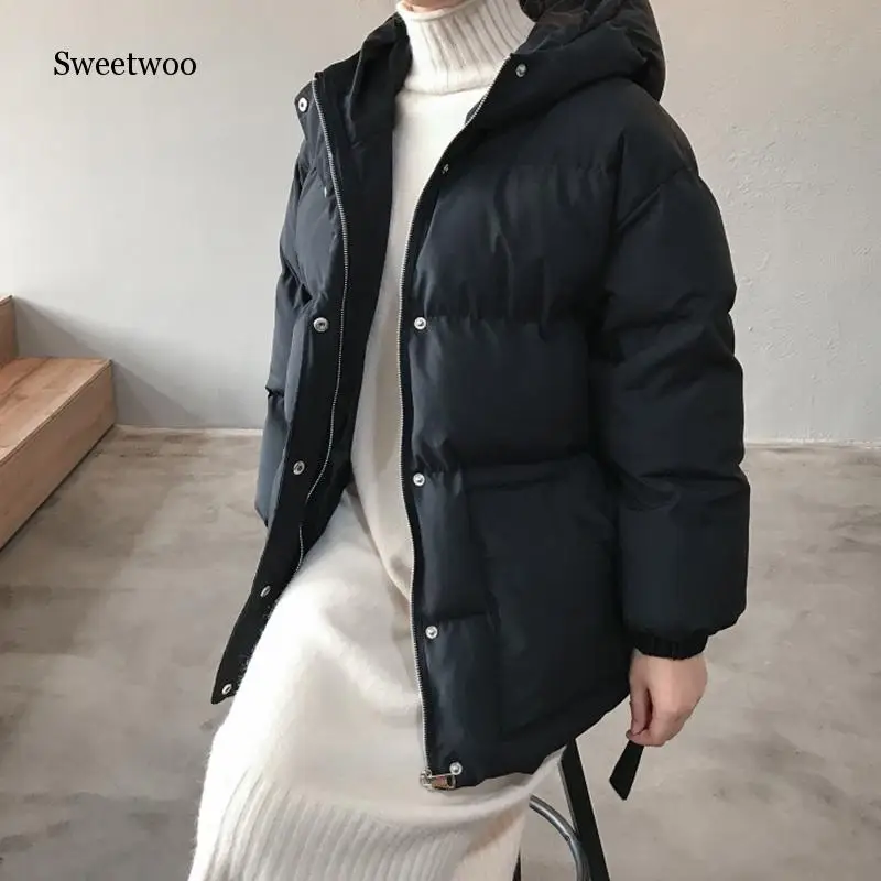 Jacket Women Streetwear Cotton Padded Winter Warm Coat Female Black Parkas with Sashes Korean Style Womens Clothing