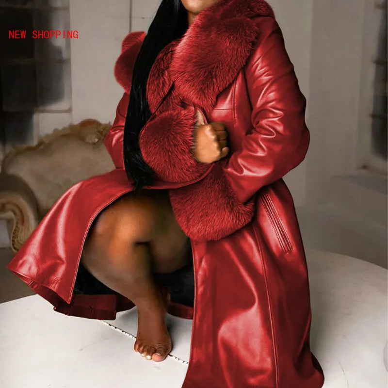 2023 X-long Leather Coat Fur Collar Winter Solid Color Lapel PU Zipper Plus Size Overcoat Casual Womens Jackets Parkas Black New