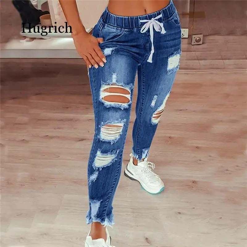 

Drawstring Denim Jeans Women Ripped Hole Stretch Jean 2021 Sexy Slim High Waist Ladies Plus Size Full Length Pencil Pants