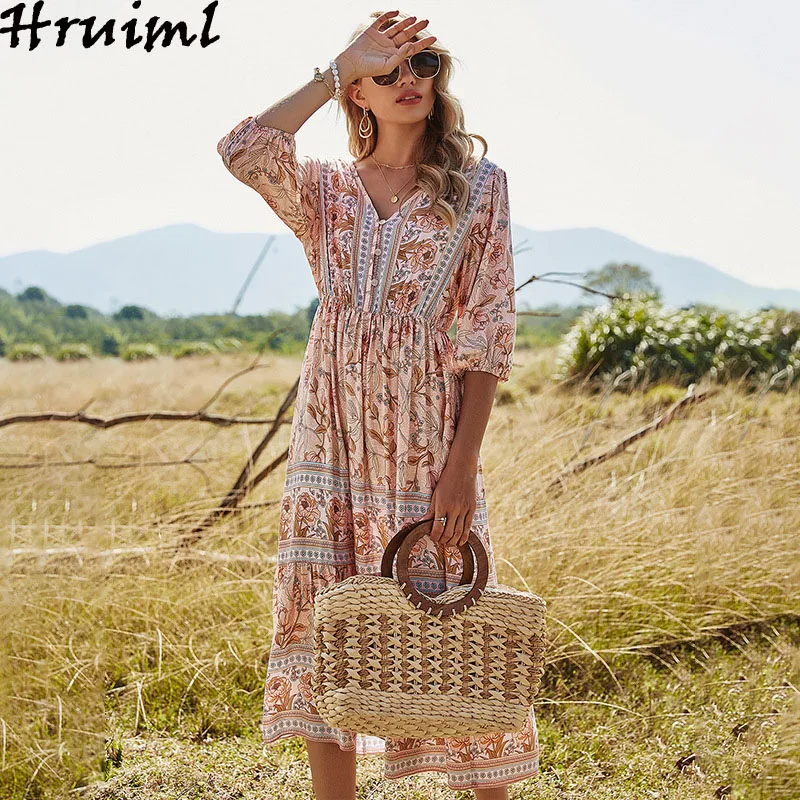 

Maxi Dress V-neck Floral Printing Fashion New Arrival Bohemian Dress Button A-line Casual Holiday Style Women's Dresses