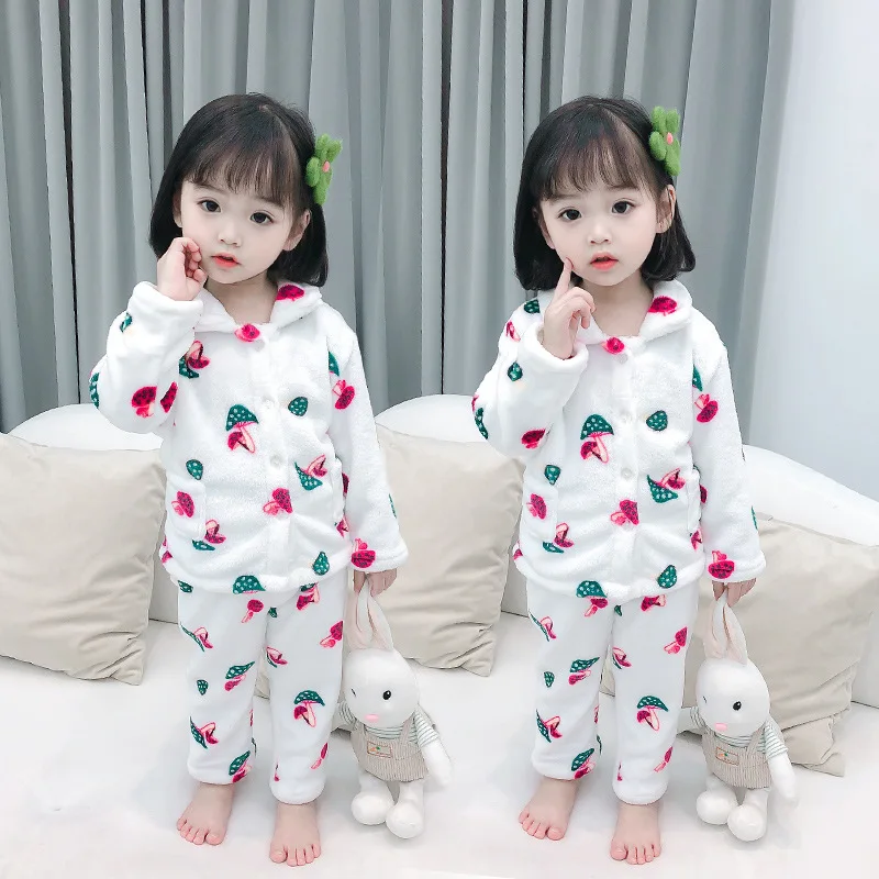 

Girl Boys Pajamas Suits Tops+ Pants 2Pcs/Sets 2021 White Winter Autumn Thicken Plus Velvet Cotton Fleece Homewear Sleepwear Chil