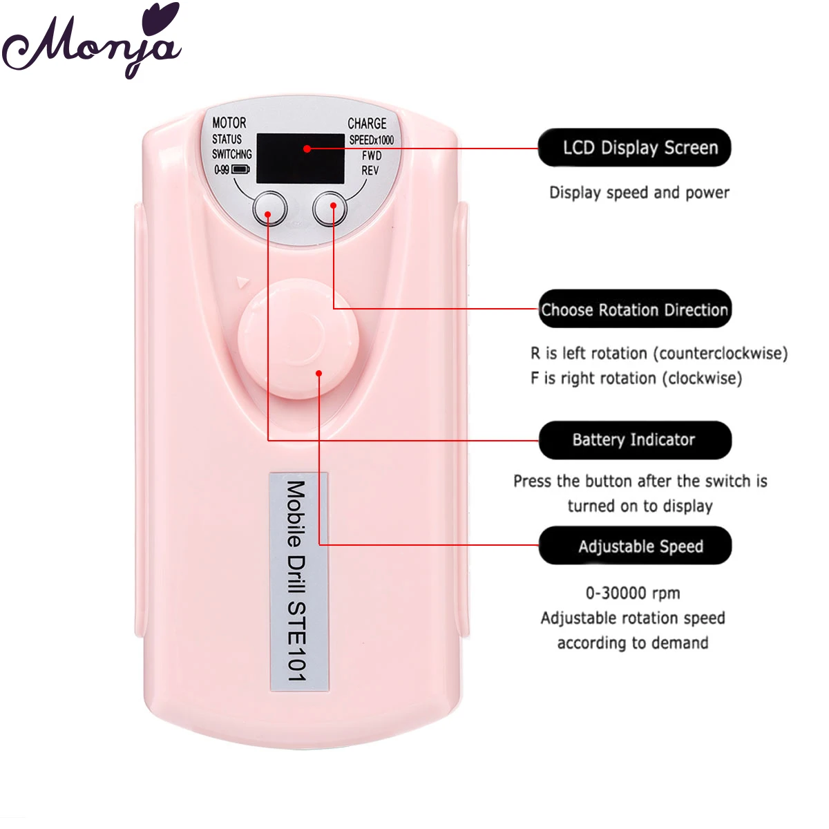 Monja 30000 об./мин портативный сверлильный станок для дизайна ногтей перезаряжаемый