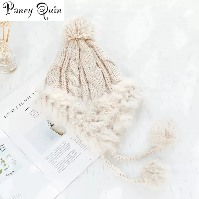 rabbit fur hat for women fluffy earflap ear caps skiing ear protection ball headgear warm beanies knit hat fur bomber hat women free global shipping