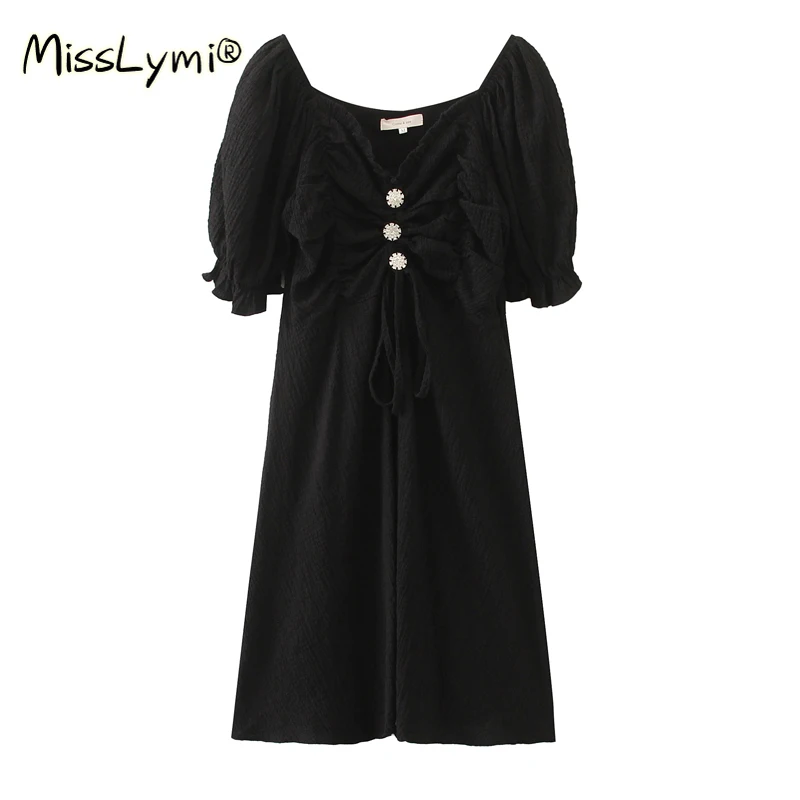 

4XL Plus Size Women Vintage A-Line Party Dress Summer 2021 Square Collar Puff Sleeve Diamond Buttons Loose Folds Fairy Dresses
