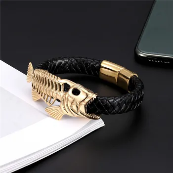 Punk Design 18k Plated Fish Bones Genuine Leather Bracelet 5