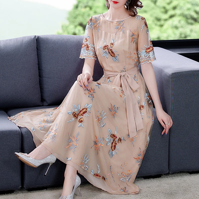 

COIGARSAM Women Long Dress Summer Casual Three Quarter Sleeve Embroidery Mesh O-Neck Pale Pinkish Grey Dresses Traf Vestidos