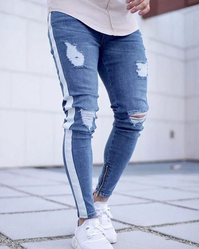 

New jeans men's hot sale denim knee ripped pants zipper explosion style denim trousers