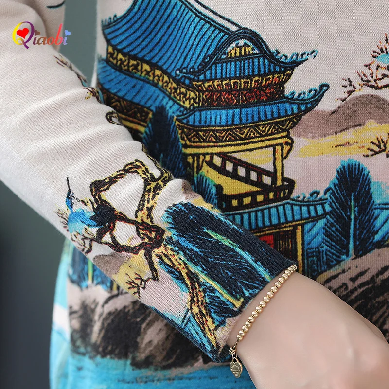 

2020 new women's long sleeve art printed women's sweater long sleeve loose thin sweater round neck fashion women's sweater