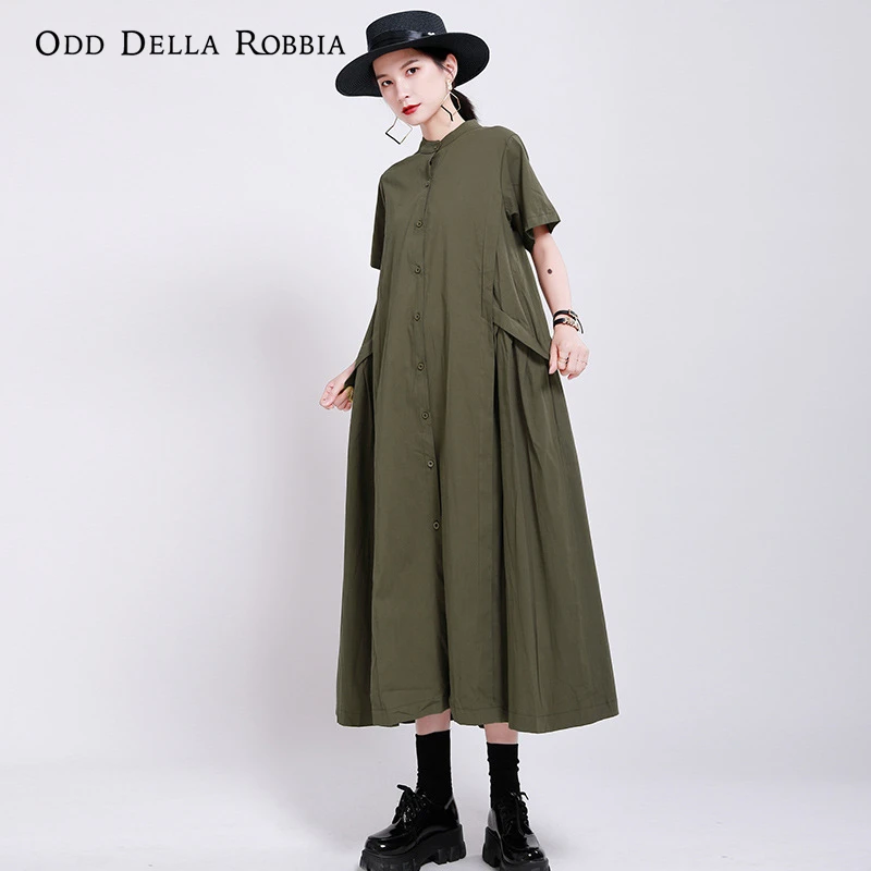 

OddDellaRobbia Summer 2021 New Women's Japanese Solid Color Cotton Linen Stand-Up Collar Shirt Stitching Short-Sleeved Dress1398