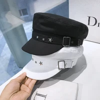 military hat female british style black and white navy hat flat top fashion versatile octagonal beret painter hat han banchao