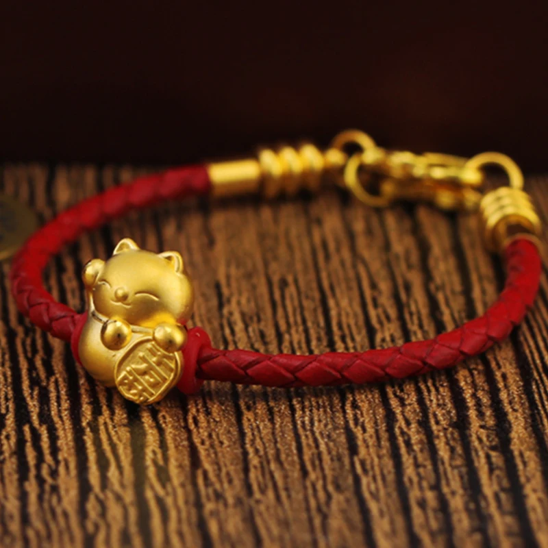 

Новое поступление настоящая 24K желтого золота 3D ремесло бусина "Кошка" с красным кожаным браслетом/лучше всего подходит для женщин