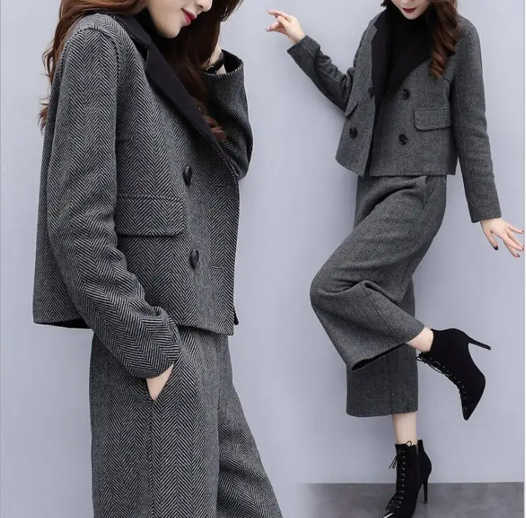 

Women's Autumn And Winter Two Piece Trousers And Pattern Woolen Coat Wide Leg Pants Casual Women Suits.