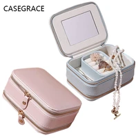 mirror double zipper jewelry portable storage box ring earrings necklace accessories box pu leather mouth red cosmetic box