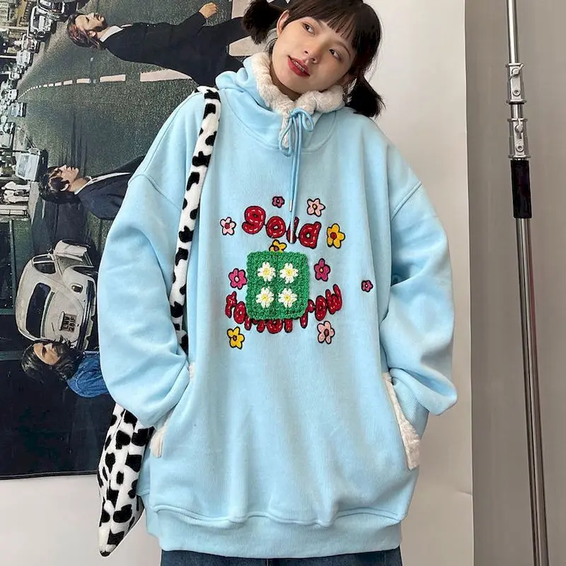 

Толстовка с капюшоном, пуловер, свитшот с капюшоном, оверсайз, синие с длинными рукавами, с цветочным рисунком, флисовые милые женские Мешко...