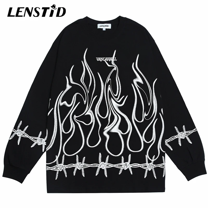 

Футболка LENSTID мужская оверсайз с длинным рукавом, уличная одежда в стиле хип-хоп, с принтом огненного пламени и цепей, Повседневный хлопковы...