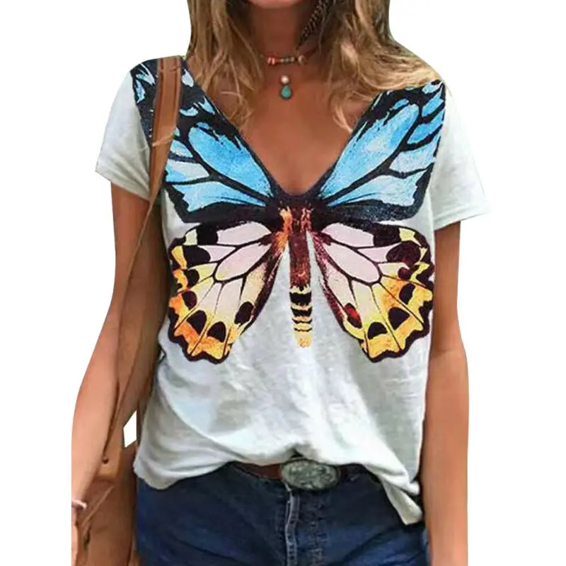 

Women Fashion Graphic T Shirts Butterfly Printed Tees Summer Loose Harajuku T Shirt V Neck Ladies Top Casual T Shirt Female