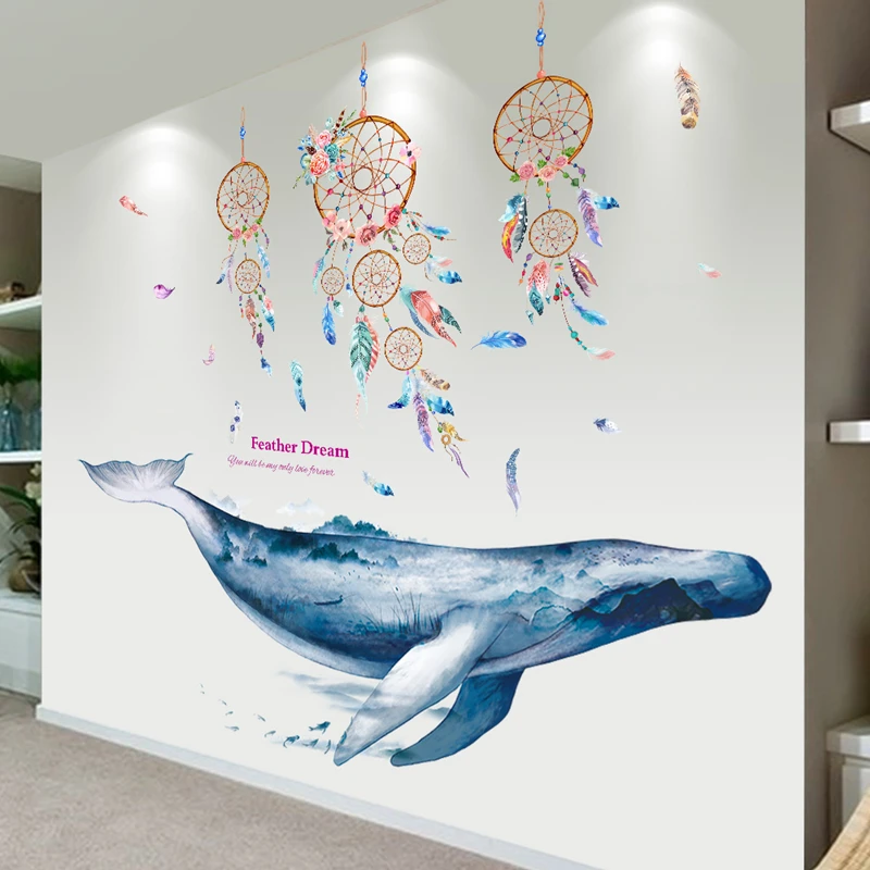 

[shijuekongjian] Whale Fish Wall Stickers DIY Dreamcatcher Feathers Wall Decals for Kids Rooms Baby Bedroom Home Decoration