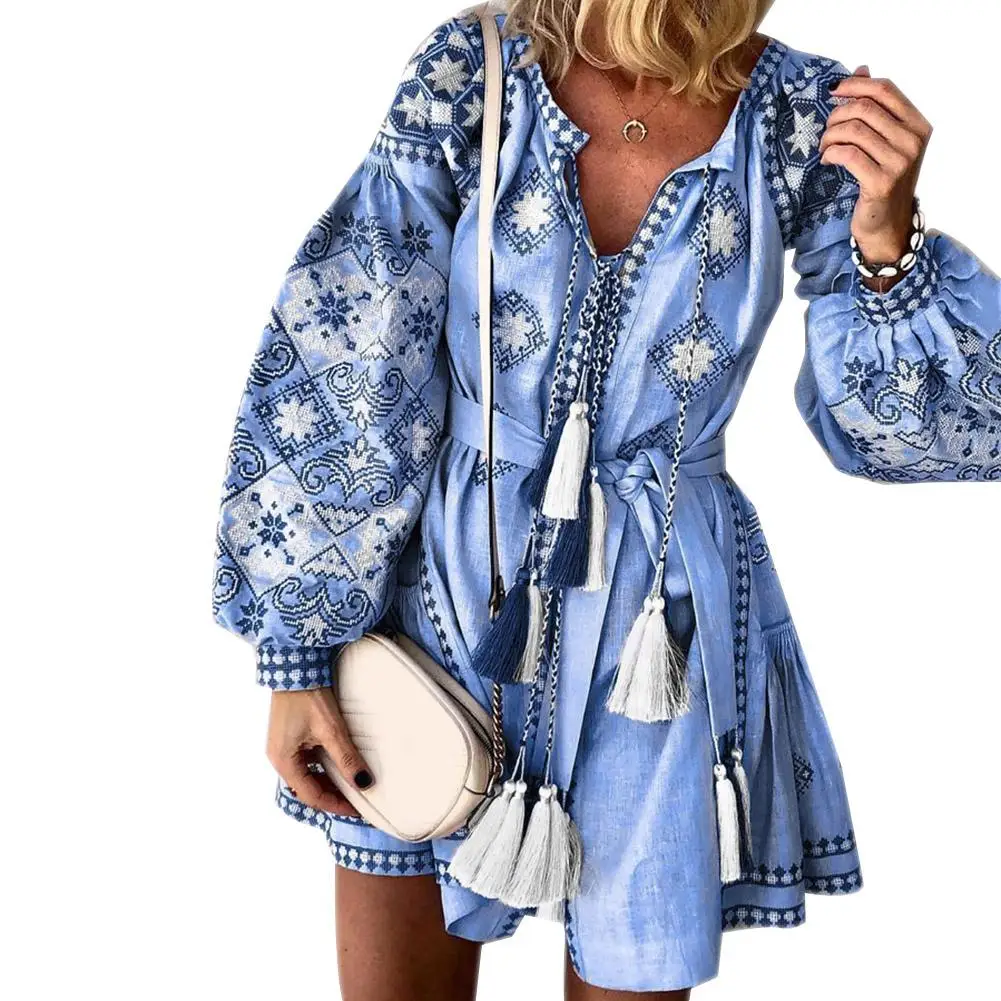 Женское винтажное платье с кисточками и длинным рукавом фонариком размера плюс