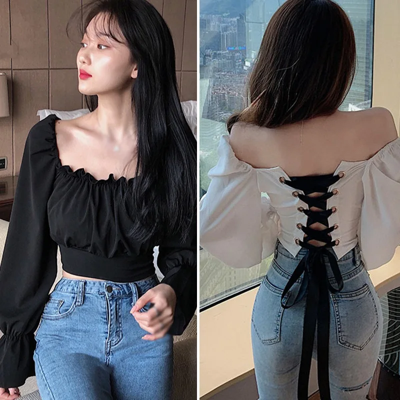 

Women's Clothes 2020 Ladies Solid Slash Neck Sexy Bandage Navel Exposed Long Sleeve Shirt Blouses One Size