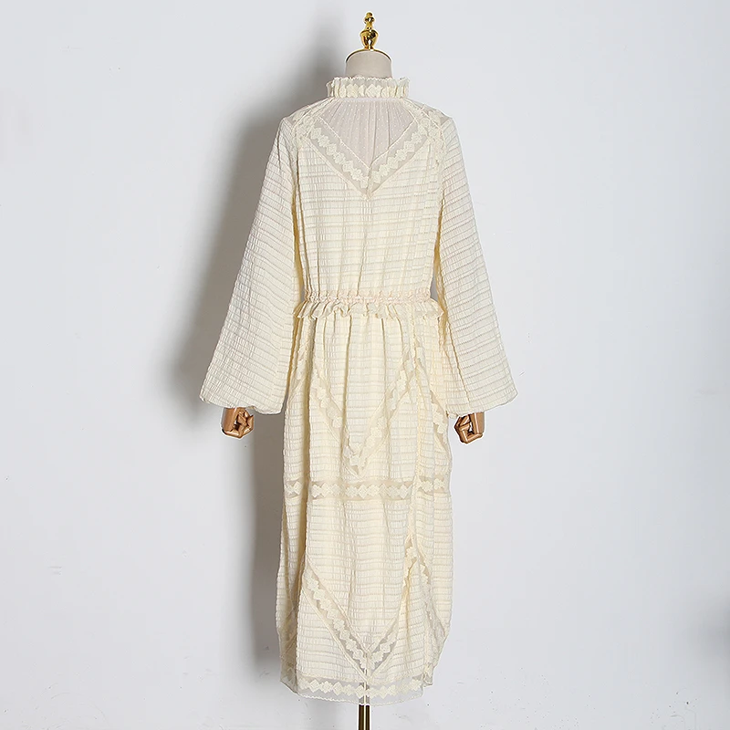 Винтаж лоскутное платье с кружевной оборкой женские со стоячим воротником