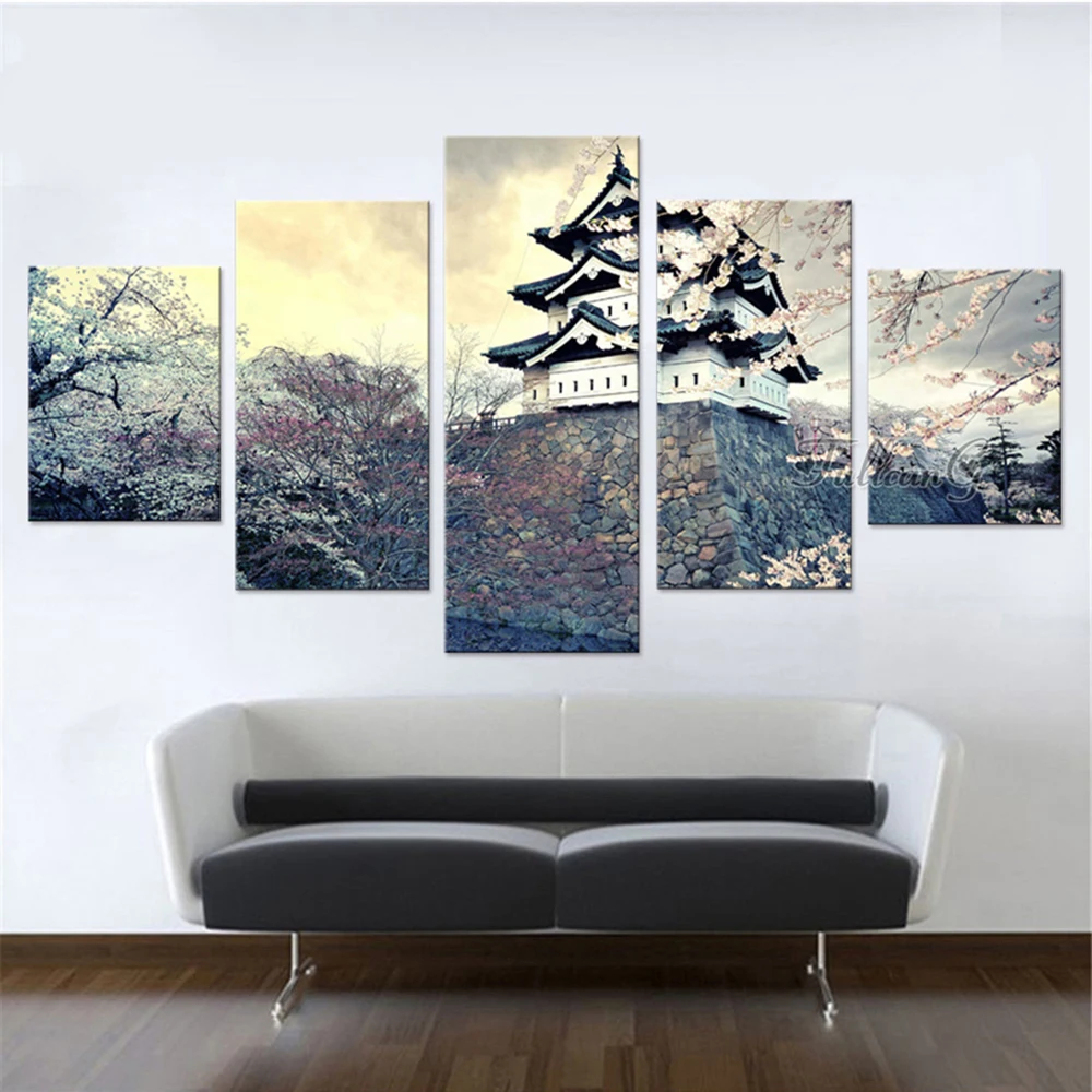 

5 Pieces Wall Art Canvas Painting Full Tang Pavilion Cherry Blossom Landscape Poster Modern Living Room Home Modular Decoration