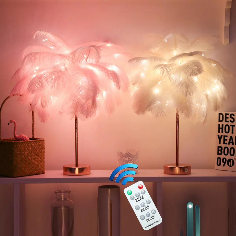 

Remote Control Feather Table Lamp USB/AA Battery Power DIY Creative Warm Light Tree Feather Lampshade Wedding Home Bedroom Decor