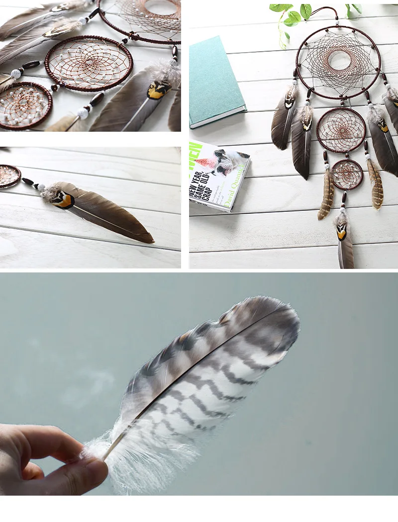 Ловец снов с перьями 3 больших железных кольца подвеска в помещении индийский
