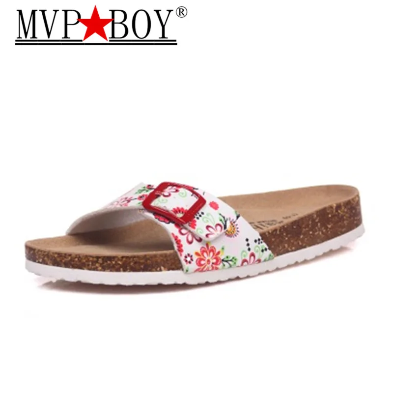 

MVP BOY plus size women cork sandals famous brand flower printing flip flops unisex buckle slippers beach sandals wmen Babouche