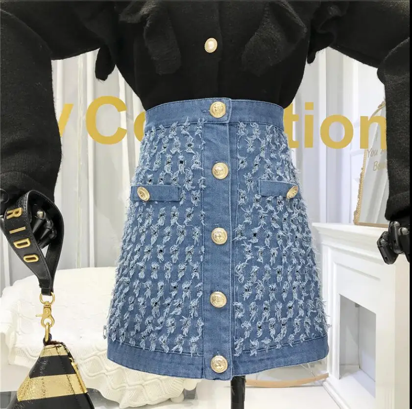 New Spring Vintage Tattered Fringe Denim Skirt Women's Korean High Waist A-line Short Jeans | Женская одежда