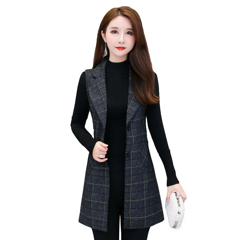 

2020 Autumn Winter plus Size 5XL 4XL 3XL Women's Plaid Suit Sleeveless Korean Version Long Vest Office Lady Elegant Vests jacket