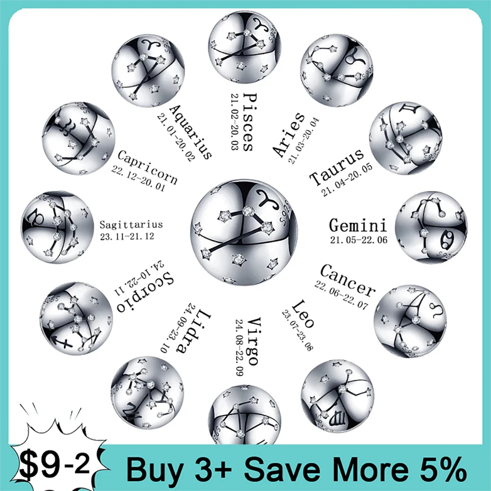 

Бусины для браслета Пандора, из серебра горячая Распродажа пробы, 12 знаков зодиака