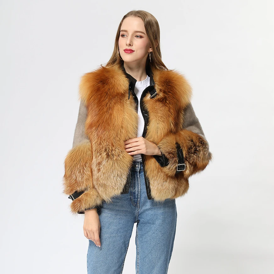 

Janefur New Fashion Ladies Real Fox Fur Coat with Collar & Cuff Belt