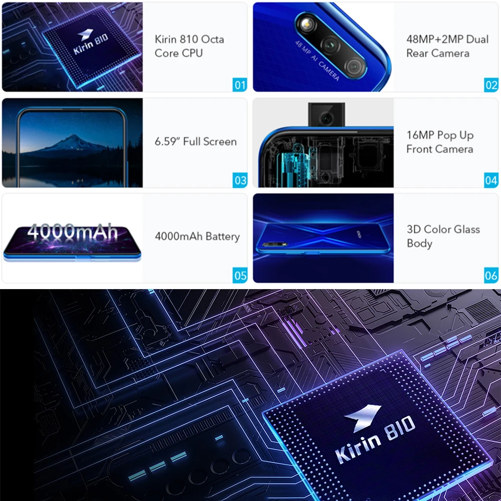 Оригинальный мобильный телефон Honor 9X 4 ГБ 64 Kirin 810 четыре ядра 6 59 дюймов подъемная